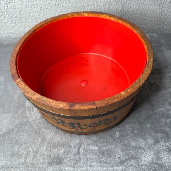 Vintage Paulding & Frost Wooden Popcorn Bowl Red Lined Kitschy Rustic Barrel 11" - Picture 2 of 9